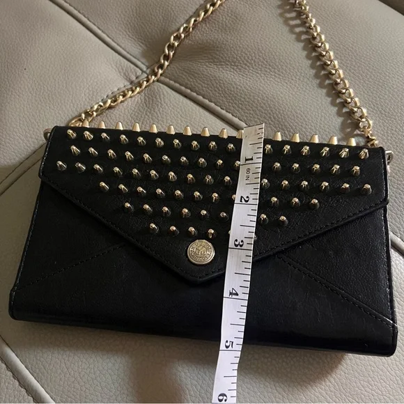 Rebecca Minkoff Crossbody Bag Studded Chain Black Leather Gold Biker Grunge Rock - Picture 12 of 16